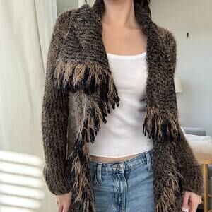 Donna Diosa Fluffy Wrap Open Cardigan Brown Black Fringe Soft